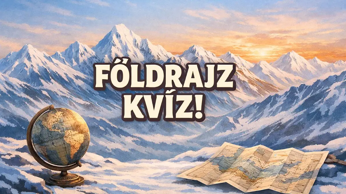 Földrajz kvíz illusztráció havas hegyekkel és földgömbbel