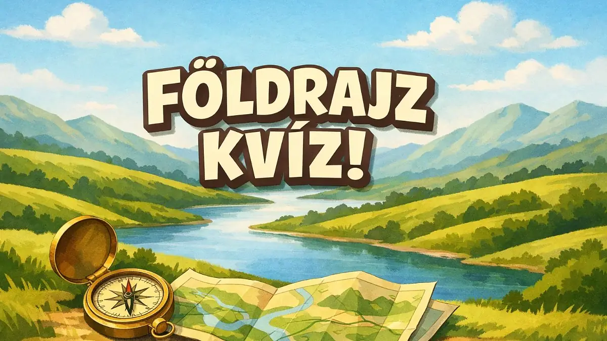 Földrajz kvíz illusztráció folyóvölggyel és iránytűvel