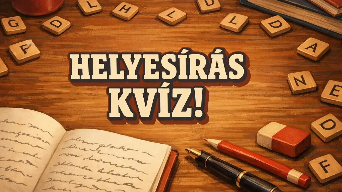 Helyesírás kvíz illusztráció betűkockákkal és nyitott füzettel
